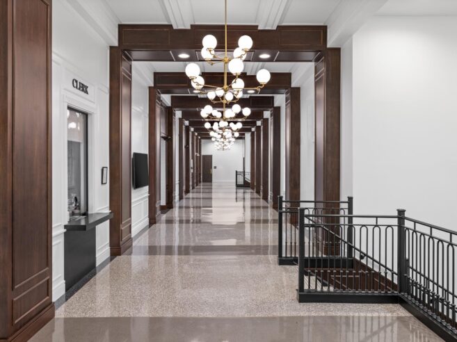 Classic chandelier lighting installed in a hallway at Carmel Police Department