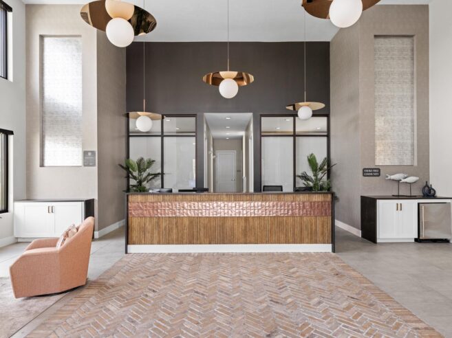 Decorative pendant lighting near a residential help desk