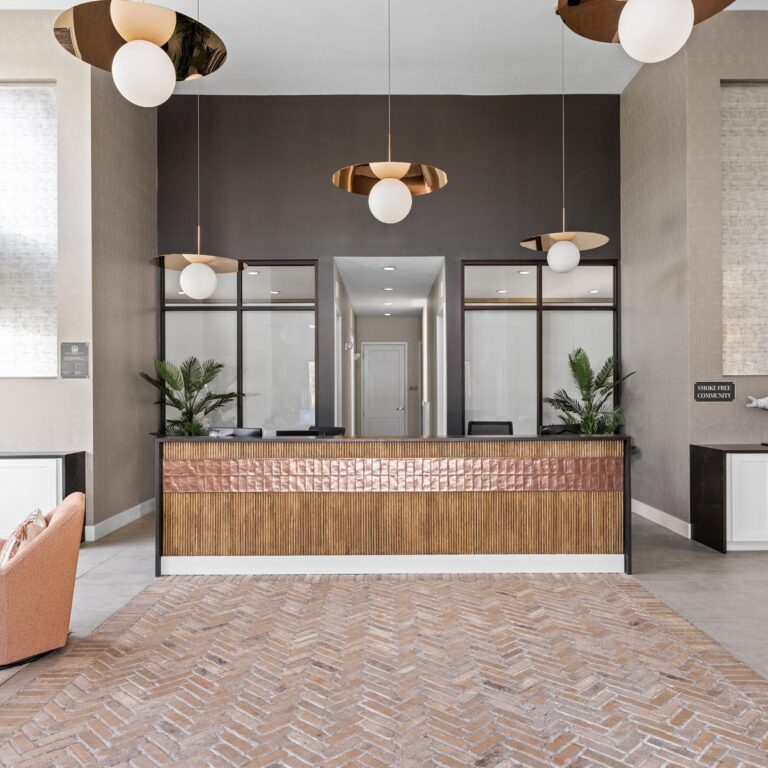 Decorative pendant lighting near a residential help desk