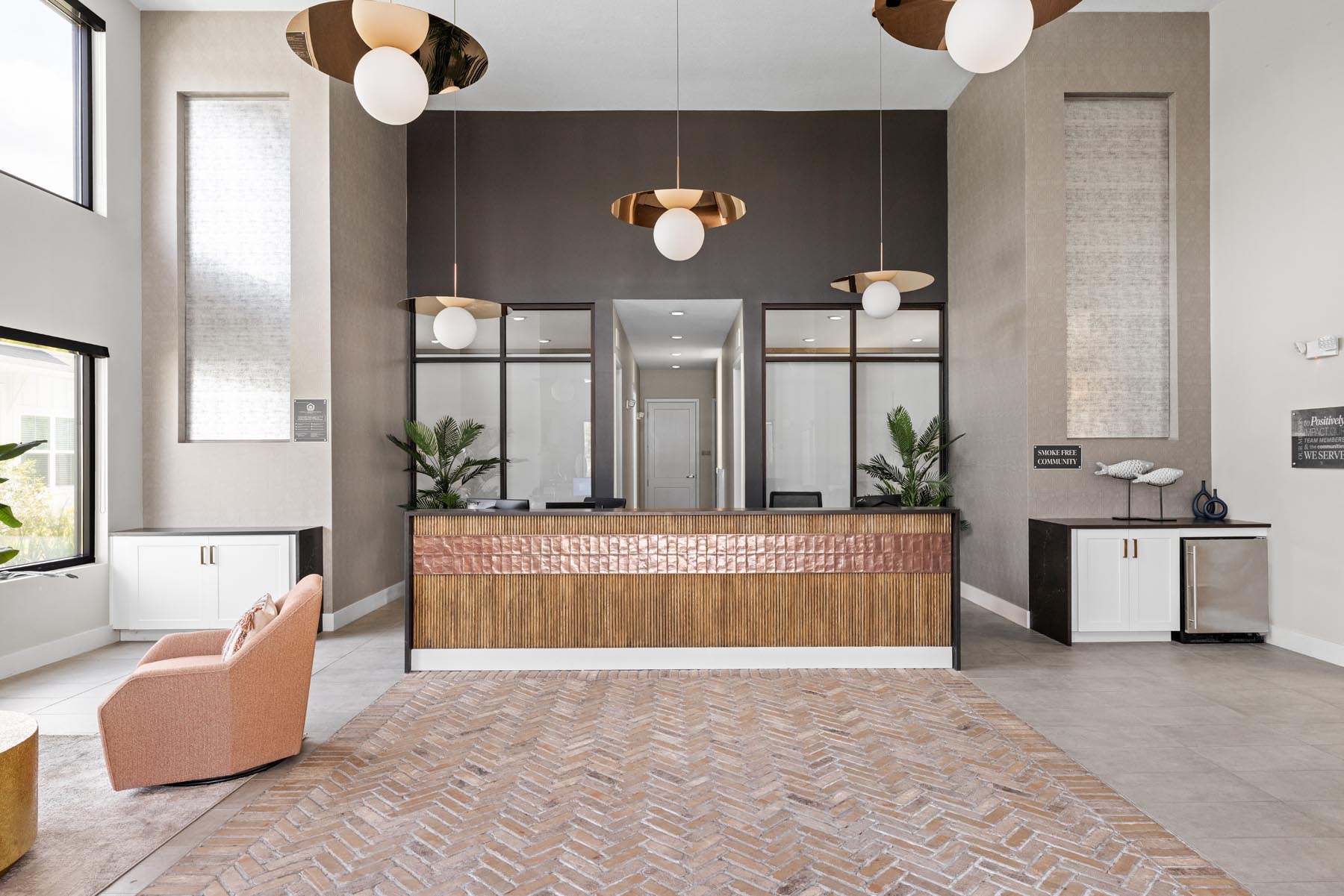 Decorative pendant lighting near a residential help desk